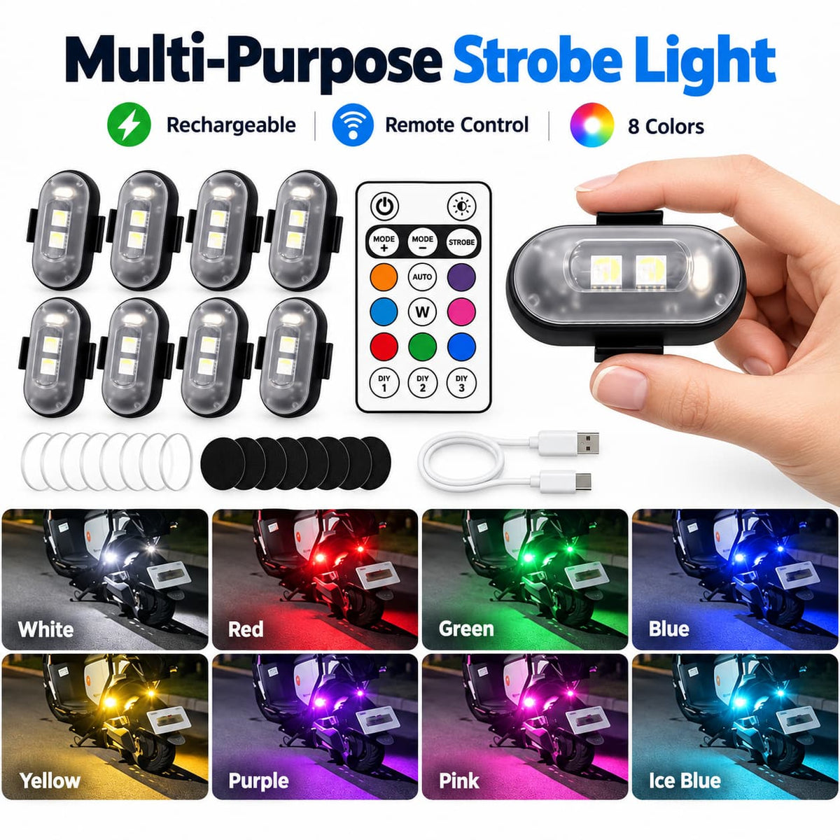 Luz estroboscópica LED con control remoto, recargable y inalámbrica para patinetes/bicicletas eléctricas